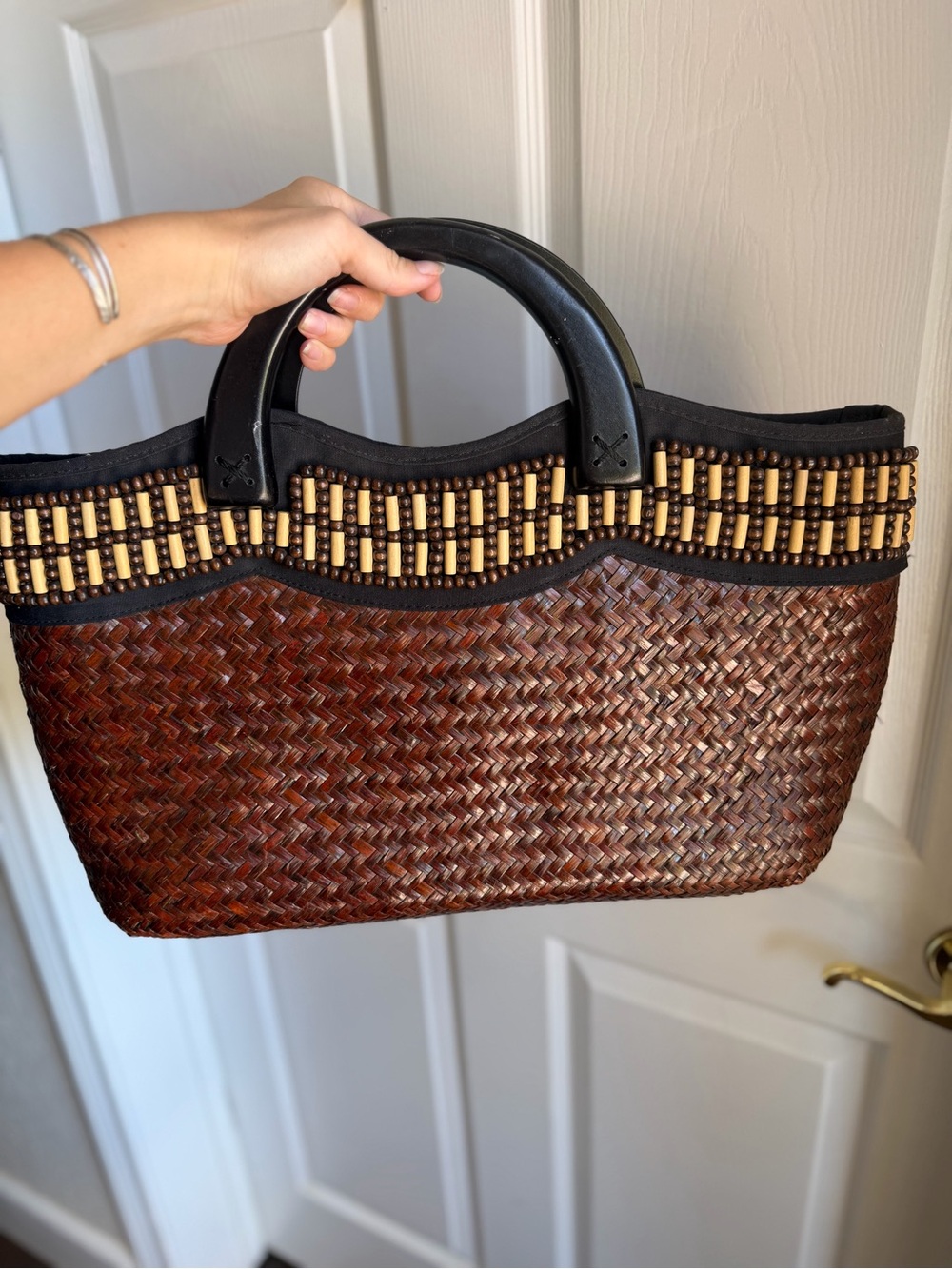 St. John's Bay Brown Woven Tote with Black Handles